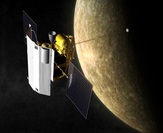 a rectangular spacecraft with two wing-like solar panels above a grey, cratered planet