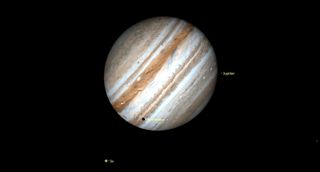 Jupiter hangs in black, striped with gases of grown white and tan. Two moons are seen in the foreground and cast their shadows as small dark circles on the gas giant's face.