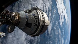 a cone-shaped spacecraft visible above the curve of earth, with clouds