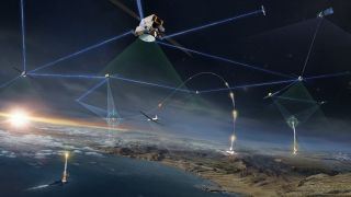 various satellites in space are connected by blue lines that also connect to vessels on the sea below