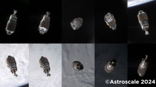 ten panels showing the same cylindrical object floating above earth from ten different angles