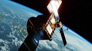 a small cubic satellite attaches to a large cubic satellite. both have two rectangular solar arrays extending from them. earth can be seen below the pair