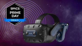 HTC VIVE Pro 2 headset on a purple background with a space.com logo badge in the top left corner