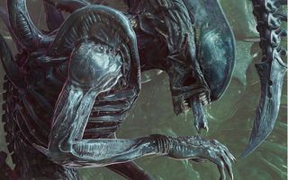 a frightening eyeless alien with a domed head and long barbed tail