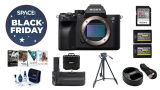View of Sony A7R IVA accessory bundle on a white background with black friday deal badge