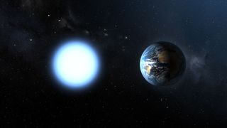 a glowing blue star floats in space next to an earth-like planet of the same apparent size.